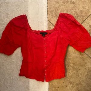 Something Navy Button Down Puff Sleeve Crop Top | Size Small